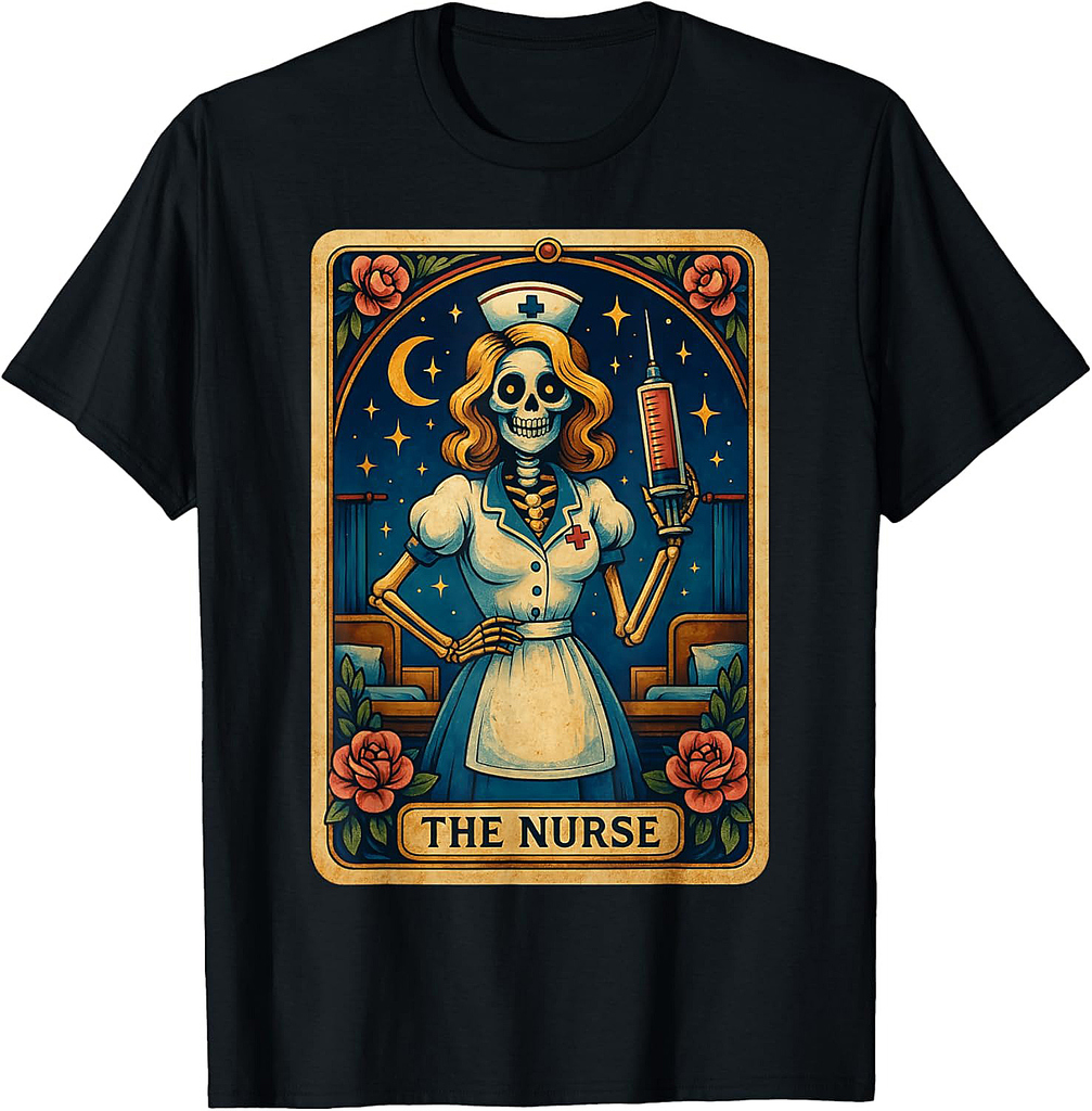 Funny The Nurse Skeleton Tarot Card Spooky RN Halloween T-Shirt