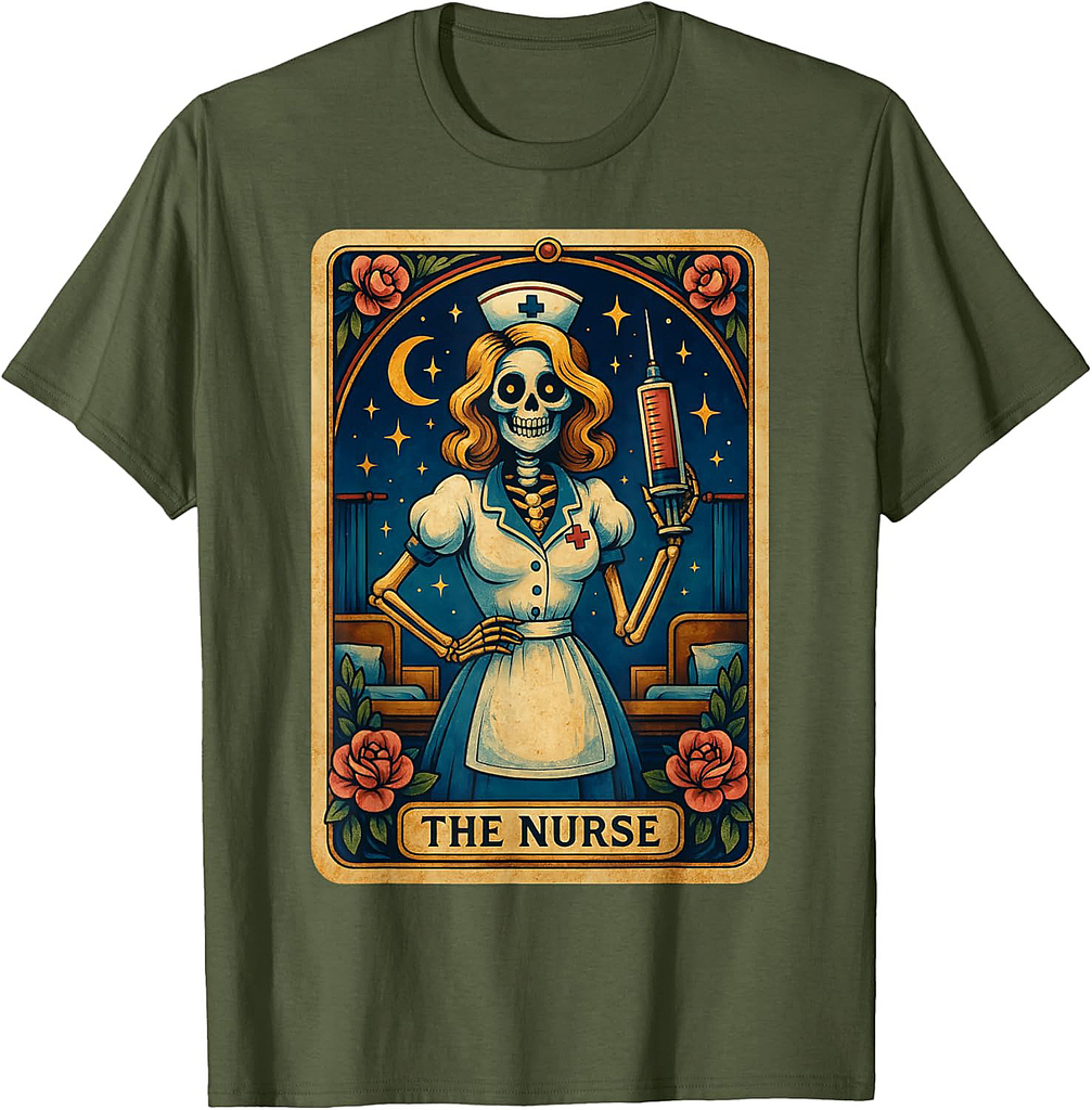 Funny The Nurse Skeleton Tarot Card Spooky RN Halloween T-Shirt