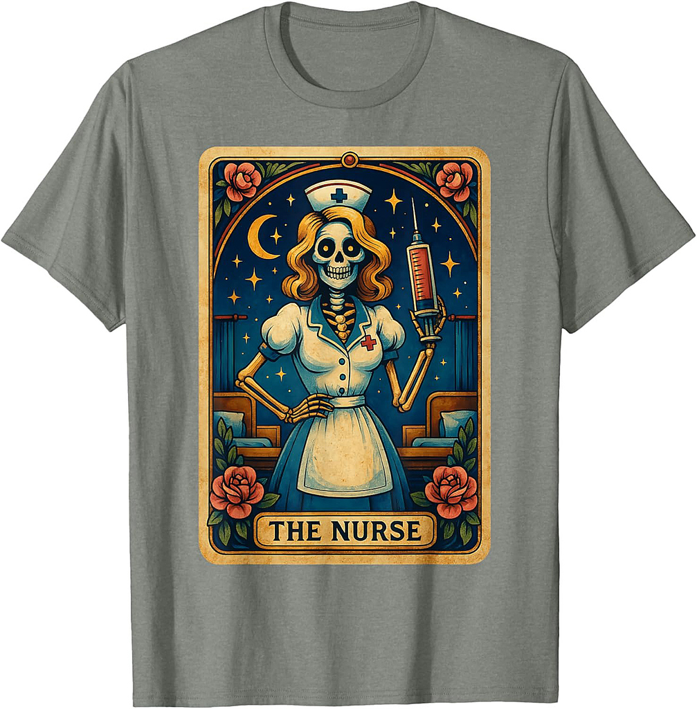 Funny The Nurse Skeleton Tarot Card Spooky RN Halloween T-Shirt
