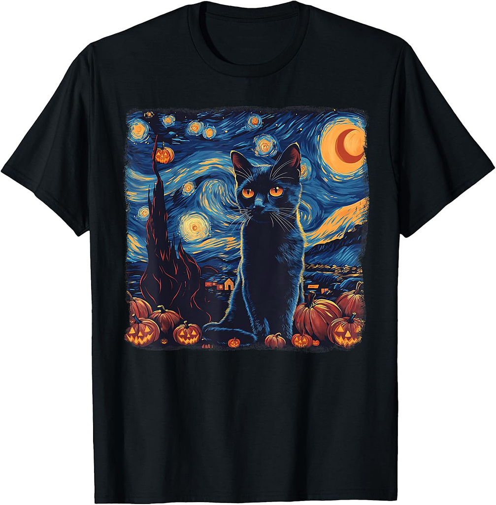 Funny Van Gogh Starry Night Black Cat Pumpkins Halloween Tee T-Shirt