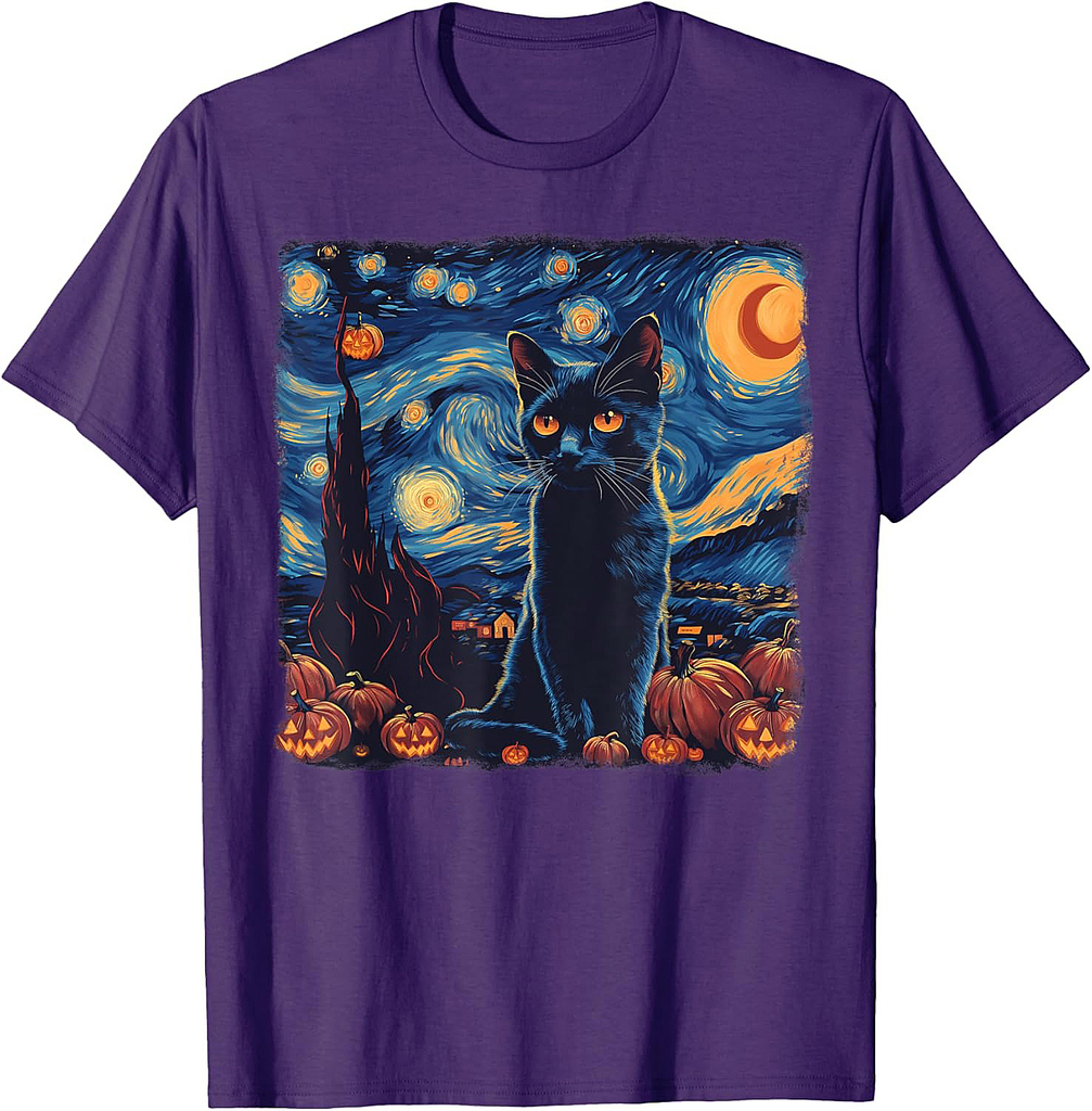 Funny Van Gogh Starry Night Black Cat Pumpkins Halloween Tee T-Shirt