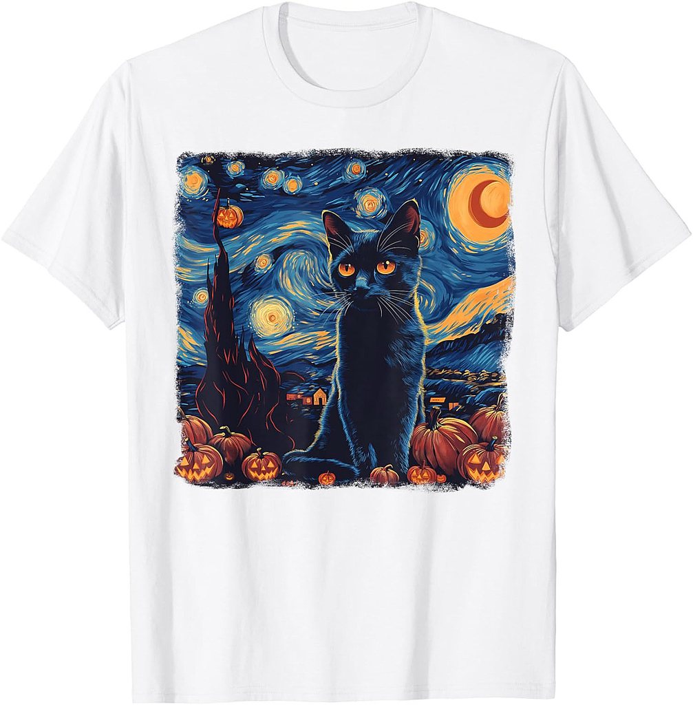 Funny Van Gogh Starry Night Black Cat Pumpkins Halloween Tee T-Shirt