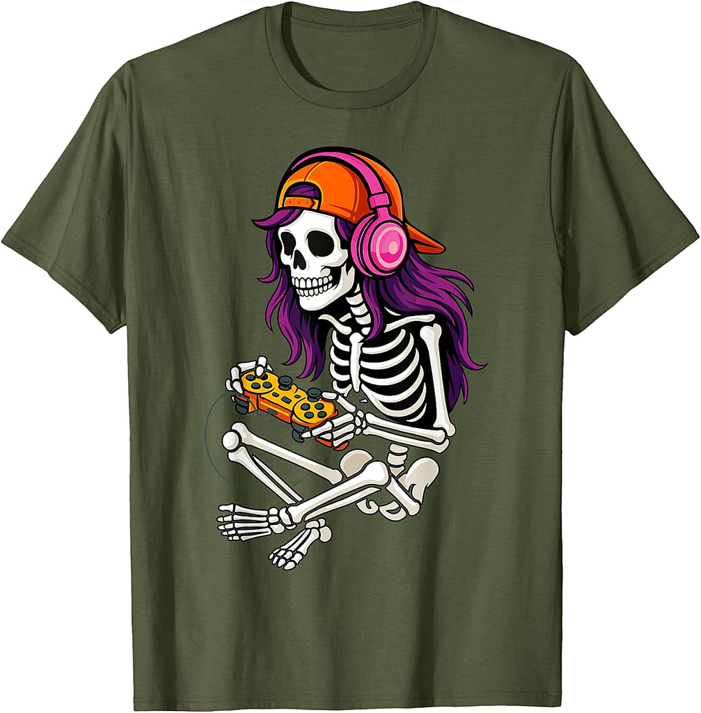 Gamer Skeleton Halloween Girls Teens Women Video Gaming T-Shirt