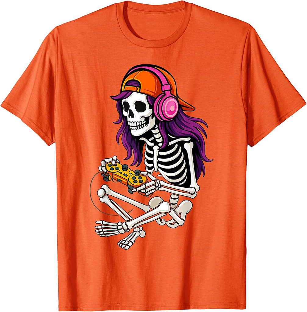 Gamer Skeleton Halloween Girls Teens Women Video Gaming T-Shirt