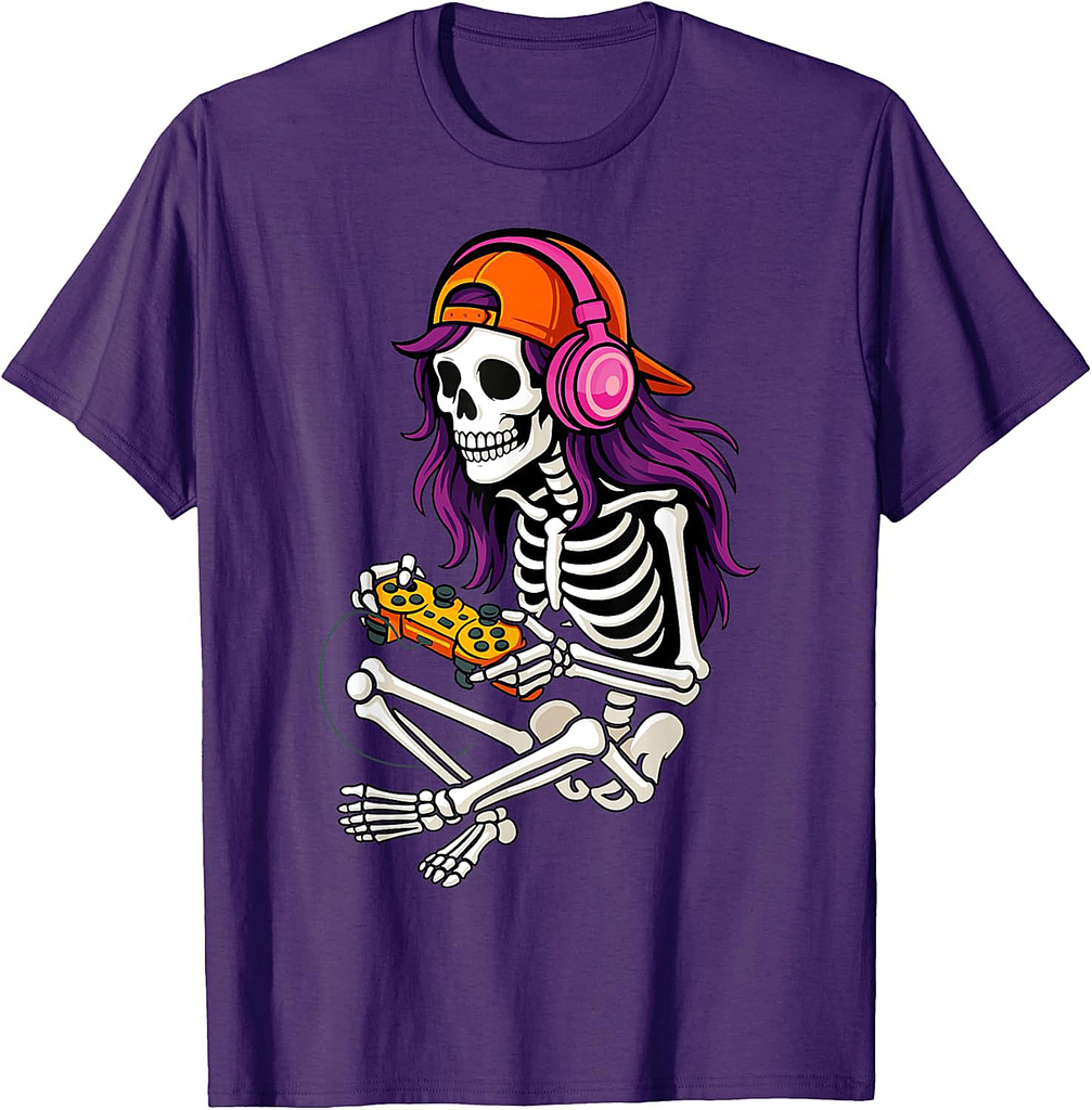 Gamer Skeleton Halloween Girls Teens Women Video Gaming T-Shirt
