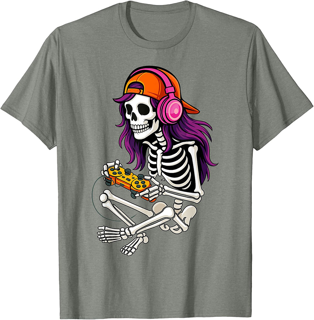 Gamer Skeleton Halloween Girls Teens Women Video Gaming T-Shirt