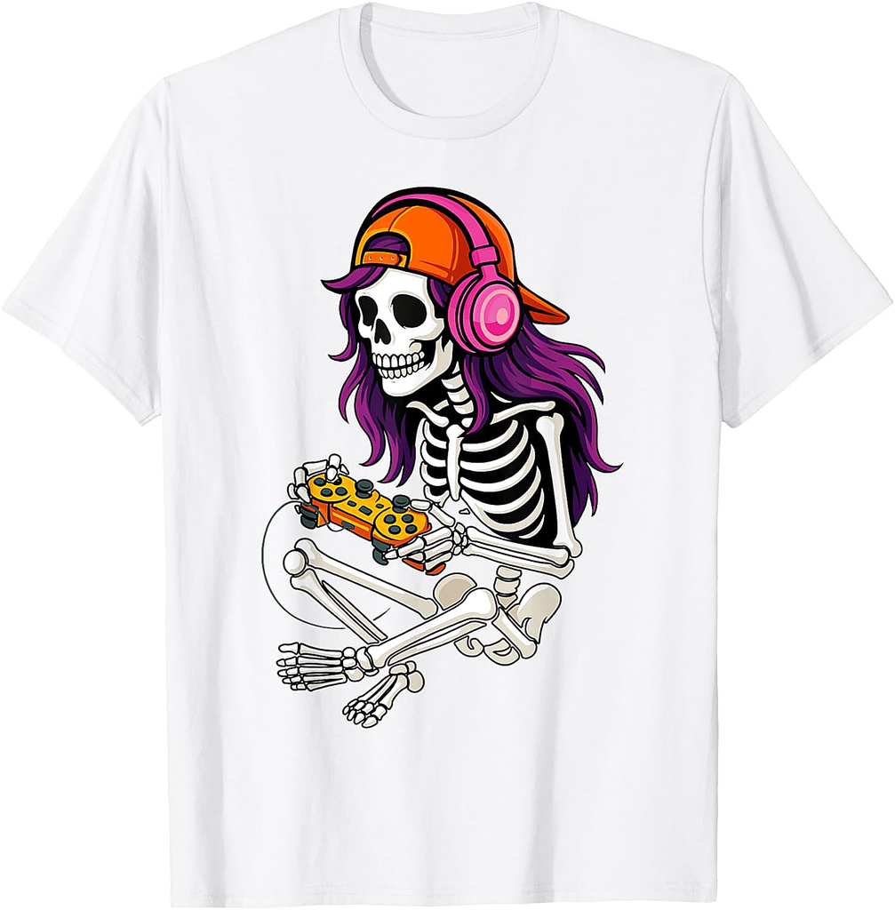 Gamer Skeleton Halloween Girls Teens Women Video Gaming T-Shirt