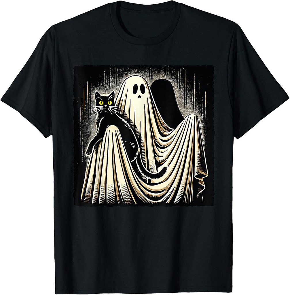 Ghost Holding Black Cat Retro Halloween Funny Cat Lover T-Shirt