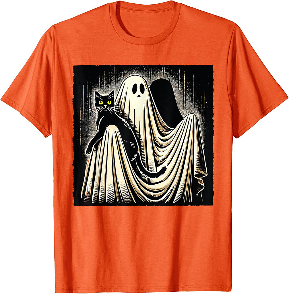 Ghost Holding Black Cat Retro Halloween Funny Cat Lover T-Shirt