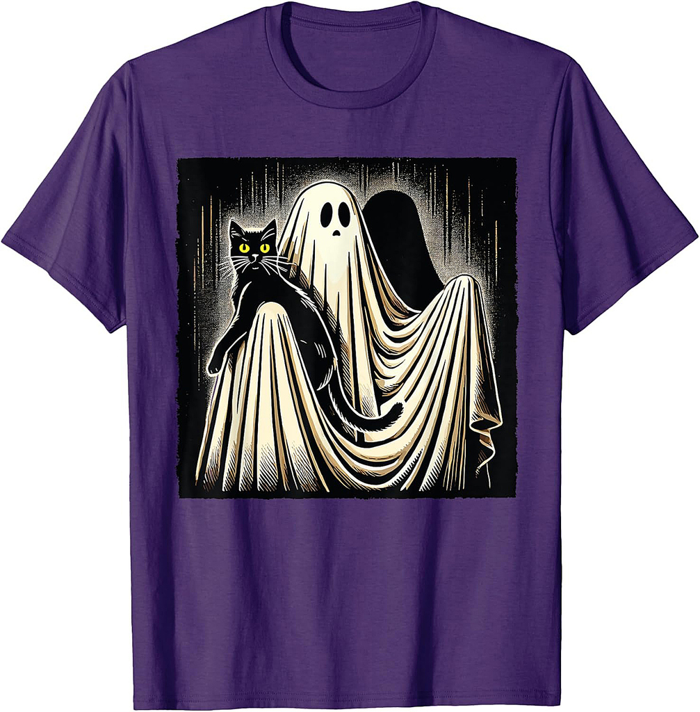 Ghost Holding Black Cat Retro Halloween Funny Cat Lover T-Shirt