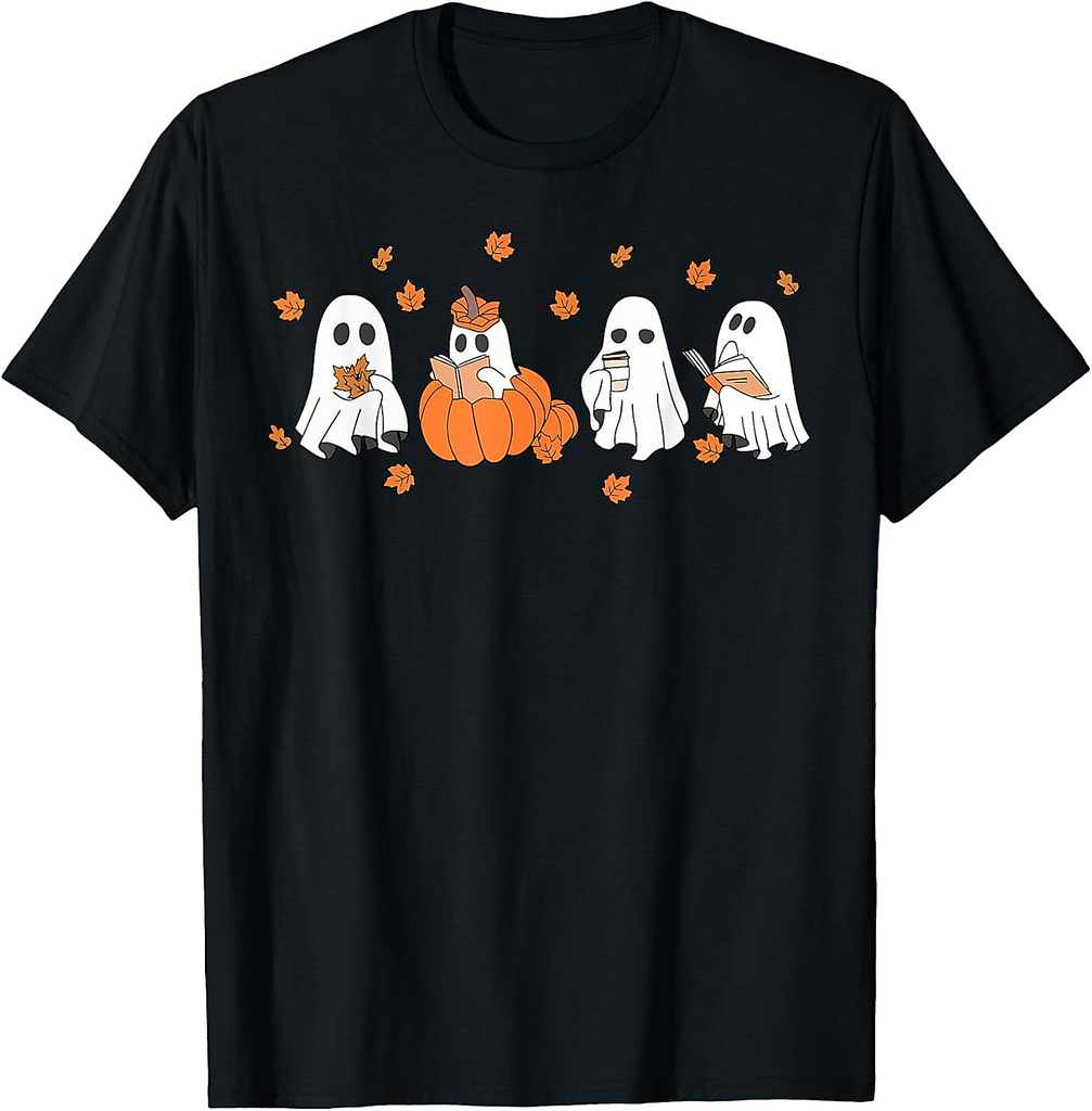 Ghost Pumpkin Autumn Fall Leaves Spooky Season Halloween T-Shirt