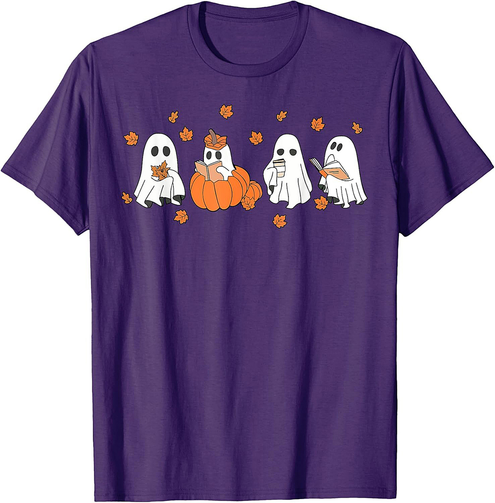 Ghost Pumpkin Autumn Fall Leaves Spooky Season Halloween T-Shirt