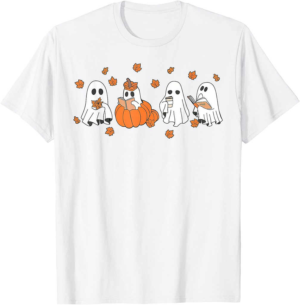 Ghost Pumpkin Autumn Fall Leaves Spooky Season Halloween T-Shirt