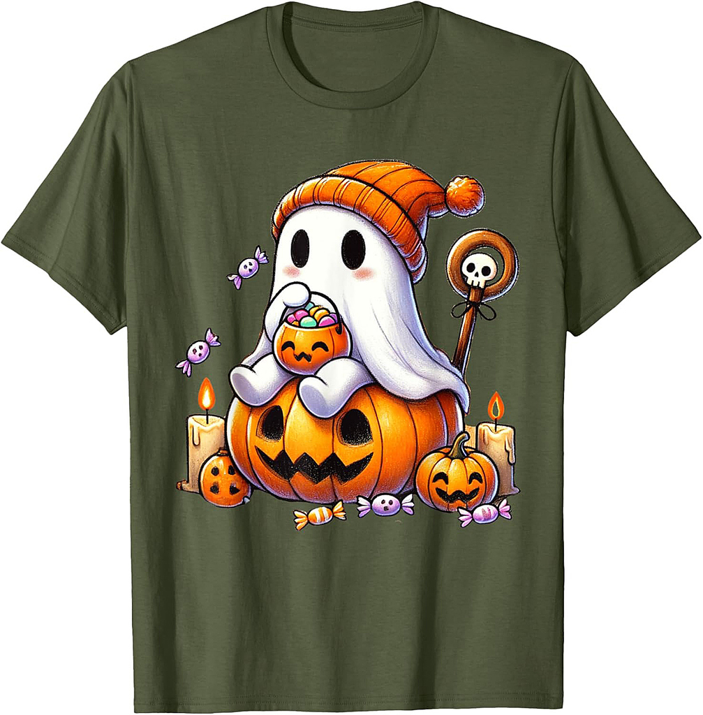 Ghost Pumpkin Halloween Trick or Treat Candy Kids Cute Tee T-Shirt
