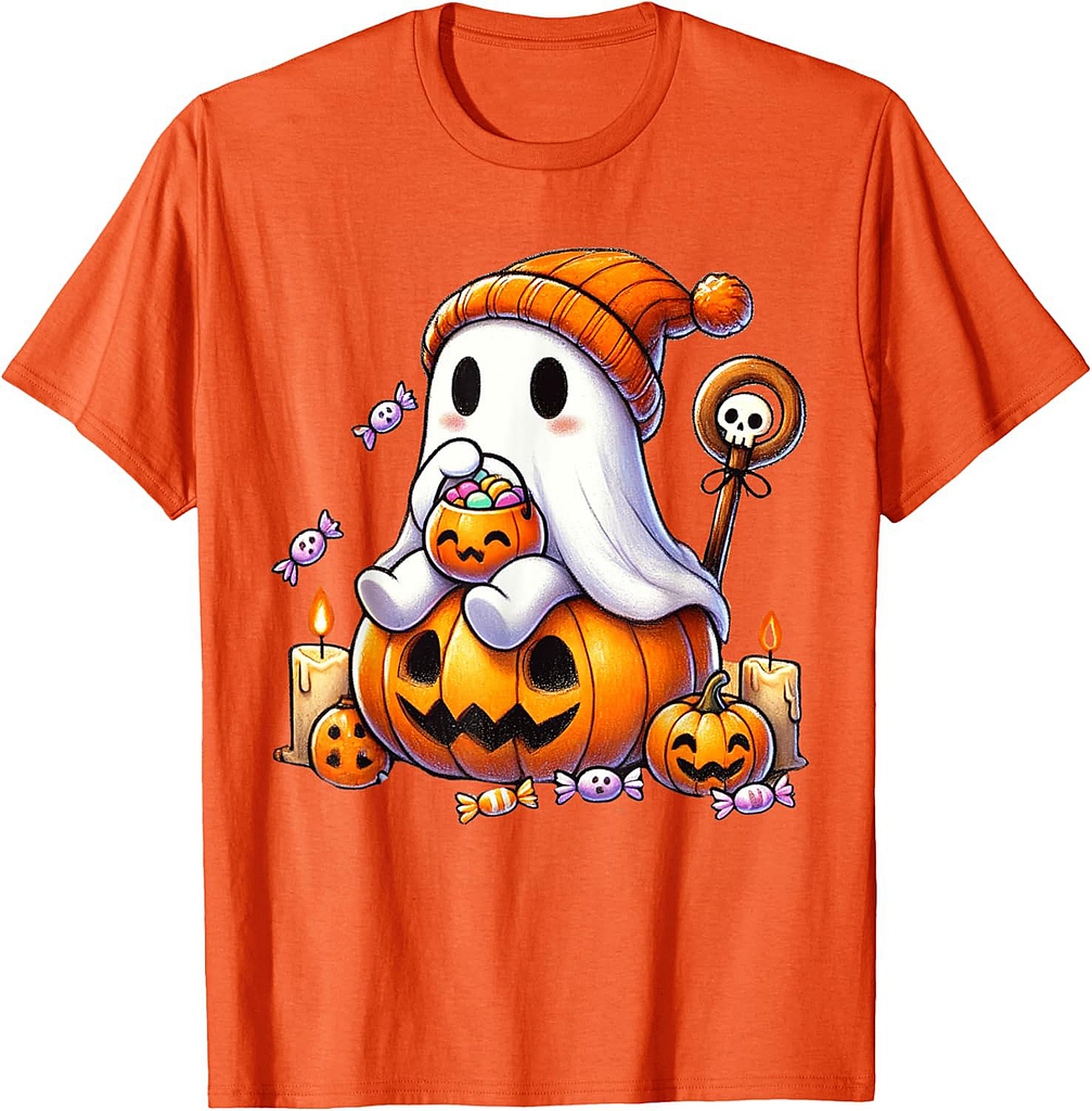Ghost Pumpkin Halloween Trick or Treat Candy Kids Cute Tee T-Shirt