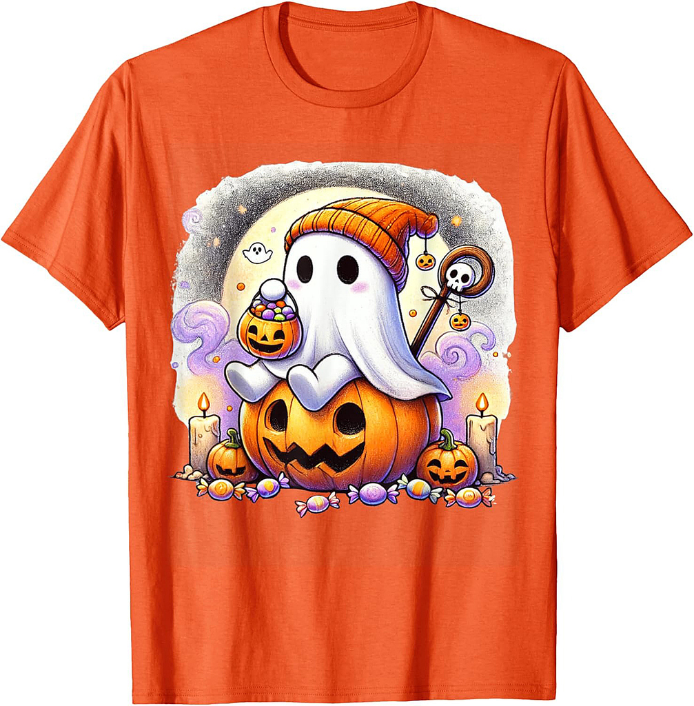 Ghost Pumpkin Halloween Trick or Treat Candy Kids Cute Tee T-Shirt