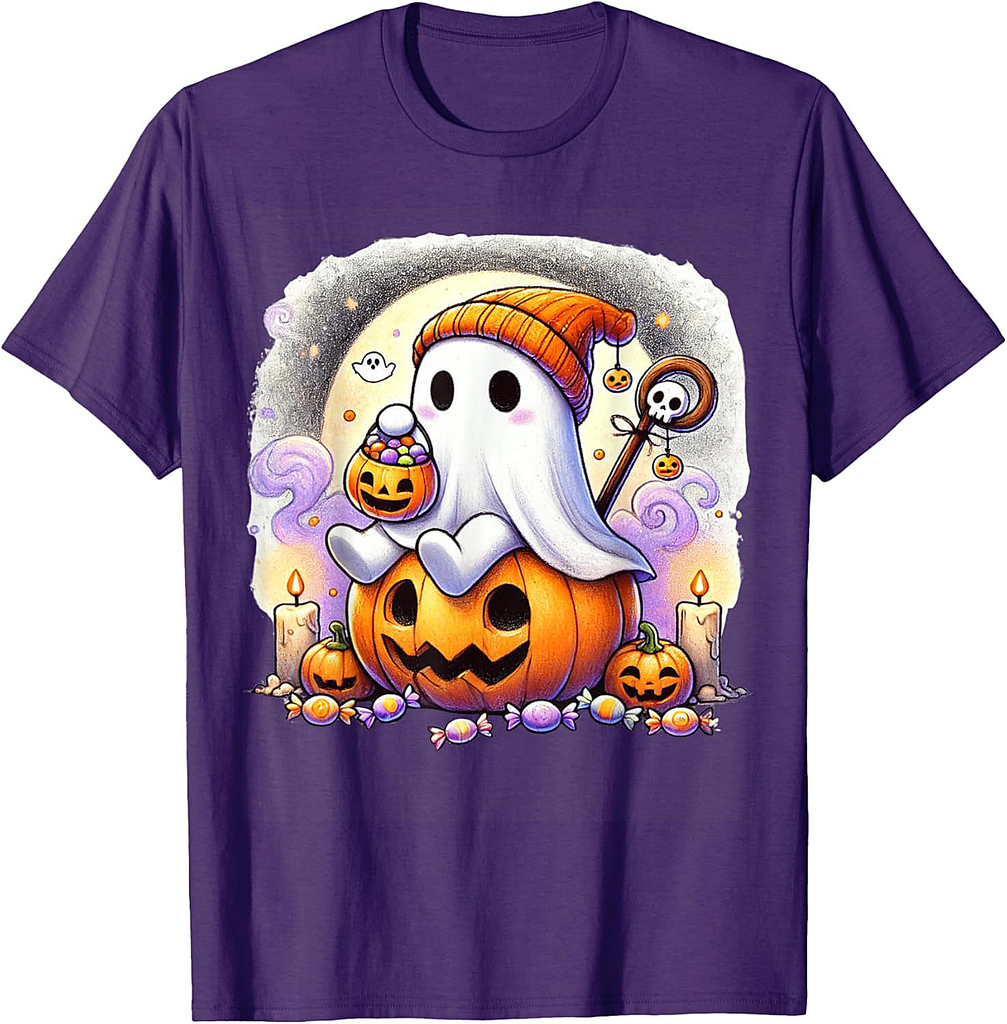 Ghost Pumpkin Halloween Trick or Treat Candy Kids Cute Tee T-Shirt