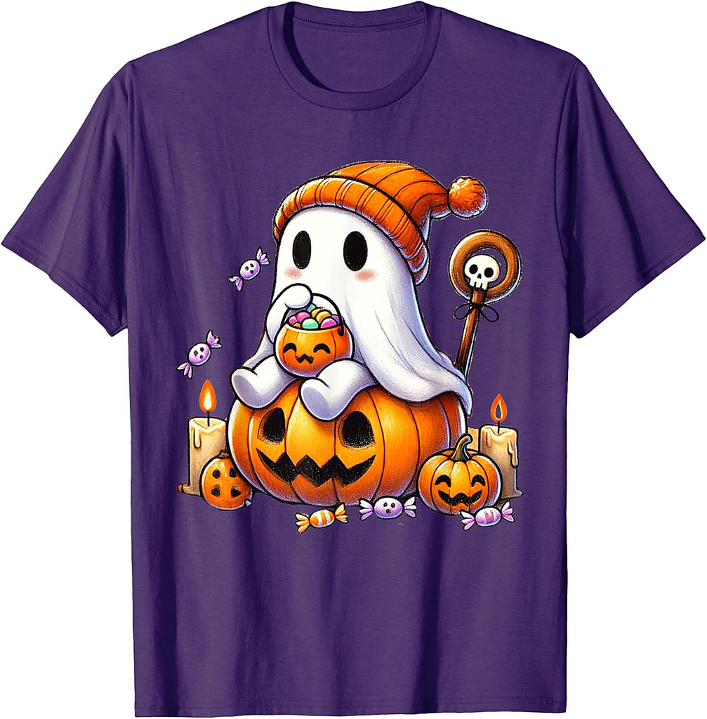 Ghost Pumpkin Halloween Trick or Treat Candy Kids Cute Tee T-Shirt