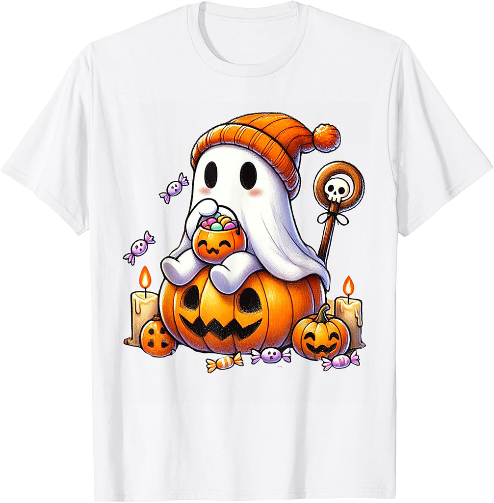 Ghost Pumpkin Halloween Trick or Treat Candy Kids Cute Tee T-Shirt
