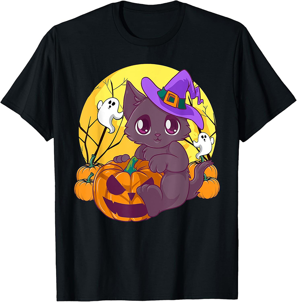 Girls Halloween Cute Cat Pumpkin Witch Hat Costume T-Shirt