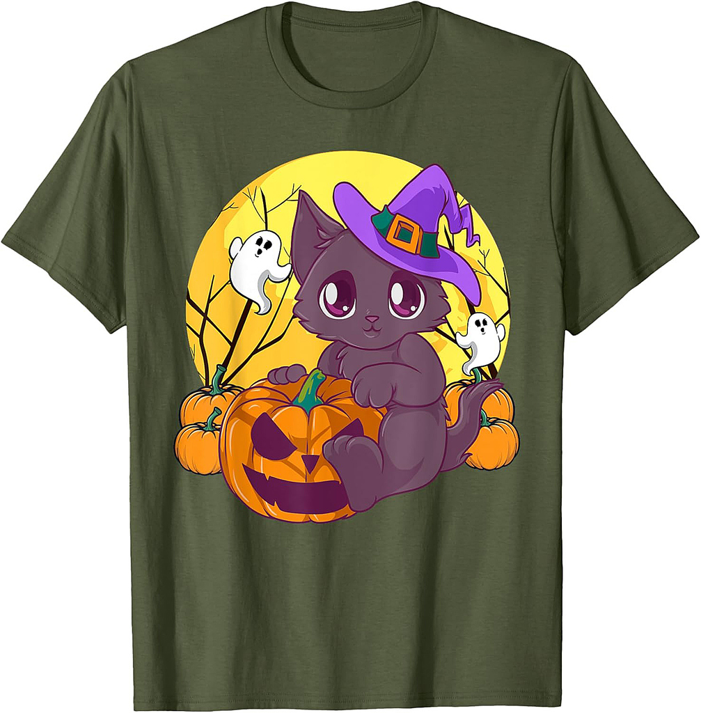 Girls Halloween Cute Cat Pumpkin Witch Hat Costume T-Shirt