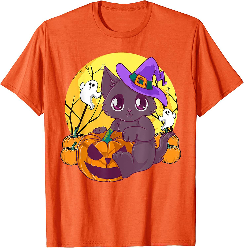 Girls Halloween Cute Cat Pumpkin Witch Hat Costume T-Shirt