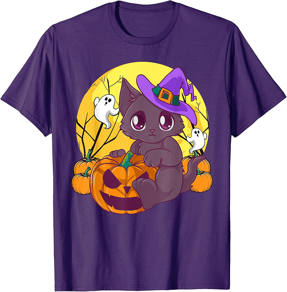 Girls Halloween Cute Cat Pumpkin Witch Hat Costume T-Shirt