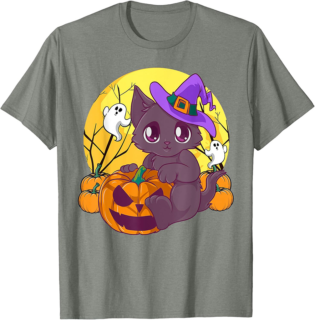 Girls Halloween Cute Cat Pumpkin Witch Hat Costume T-Shirt