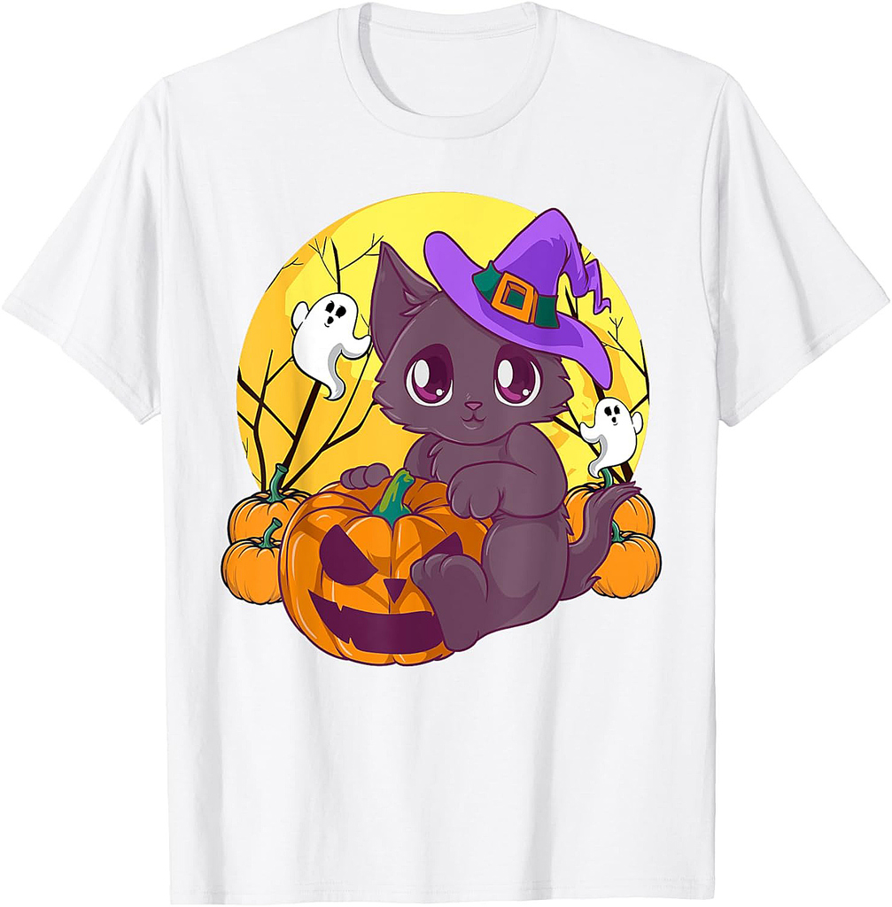 Girls Halloween Cute Cat Pumpkin Witch Hat Costume T-Shirt
