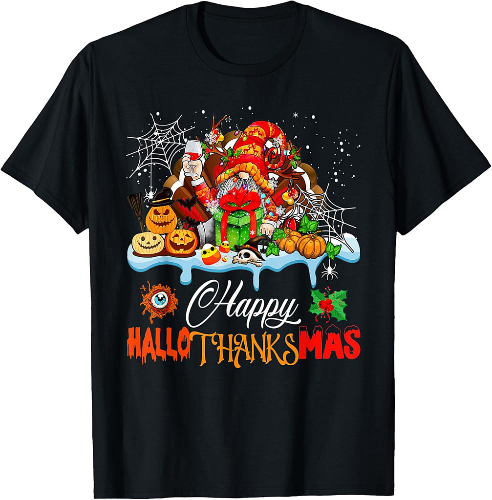 Gnome Wine Halloween Thanksgiving Xmas Happy HalloThanksMas T-Shirt