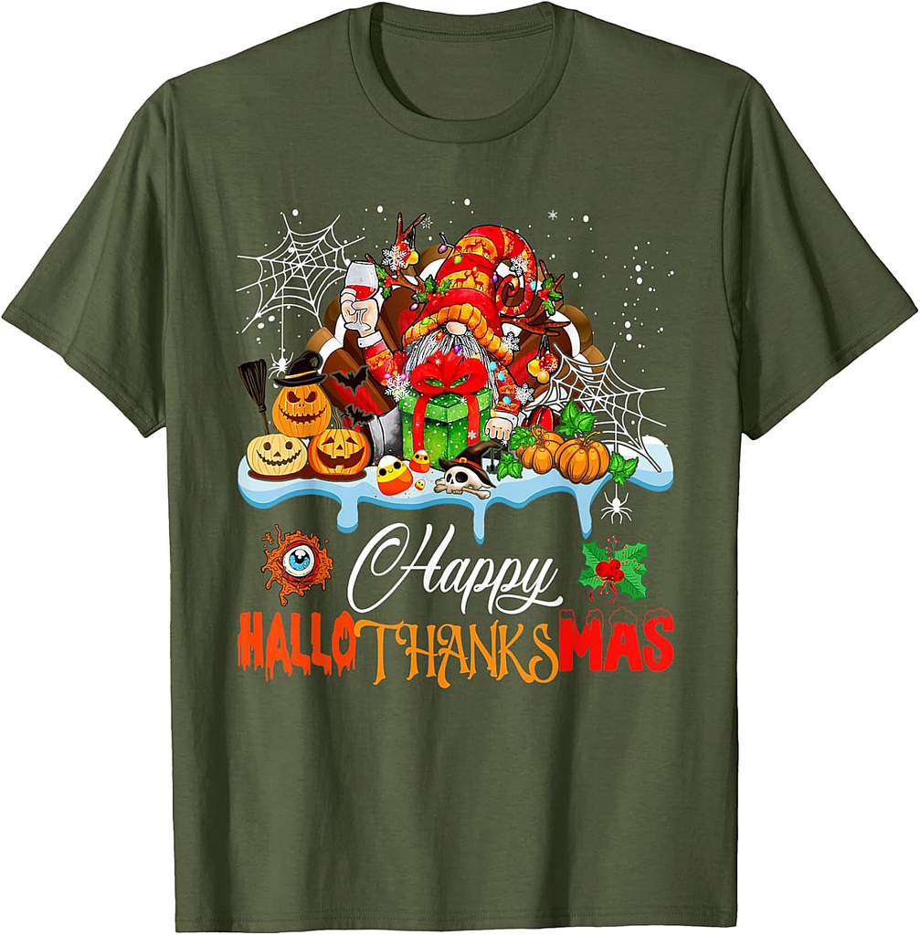 Gnome Wine Halloween Thanksgiving Xmas Happy HalloThanksMas T-Shirt