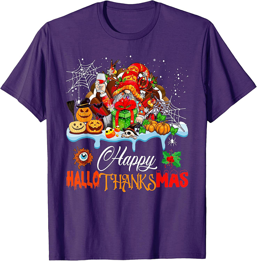 Gnome Wine Halloween Thanksgiving Xmas Happy HalloThanksMas T-Shirt