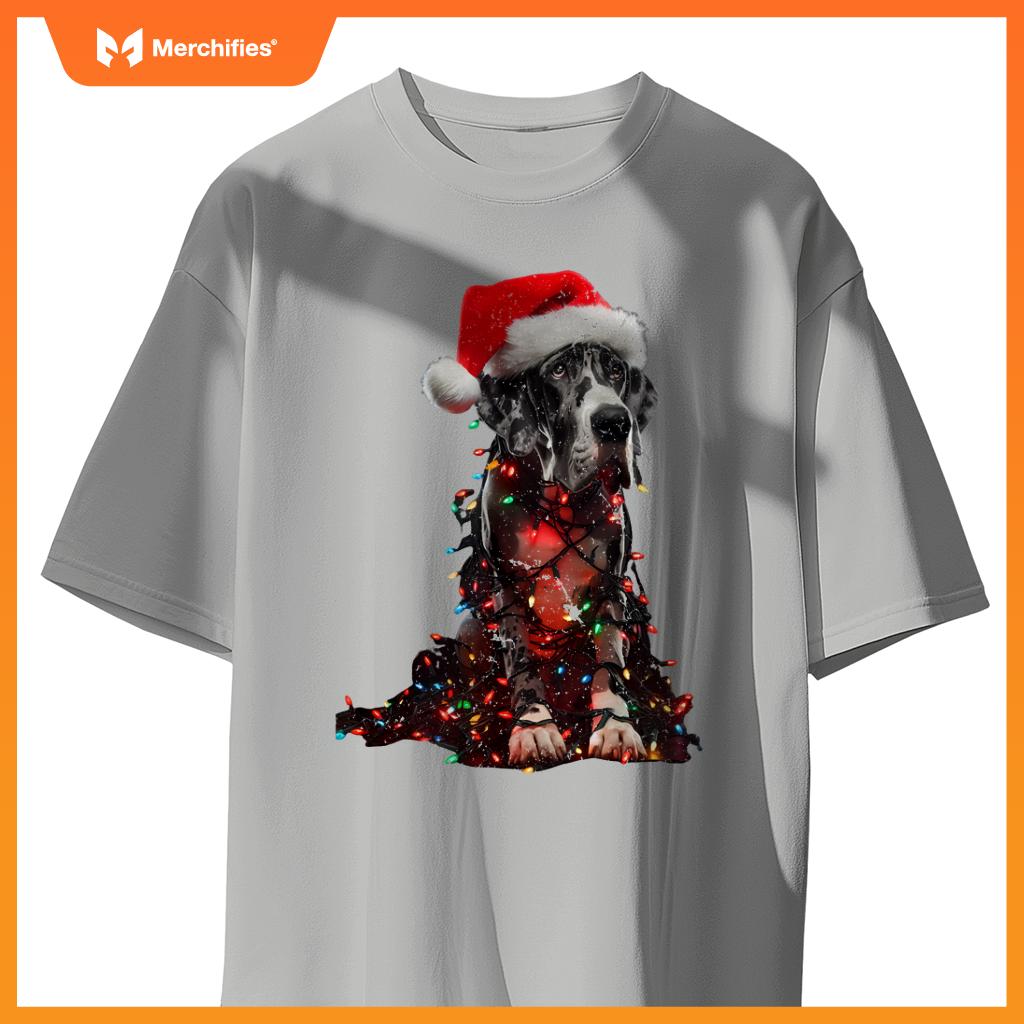 Great Dane With Santa Hat And Christmas Lights Dog Owner Mom T-Shirt