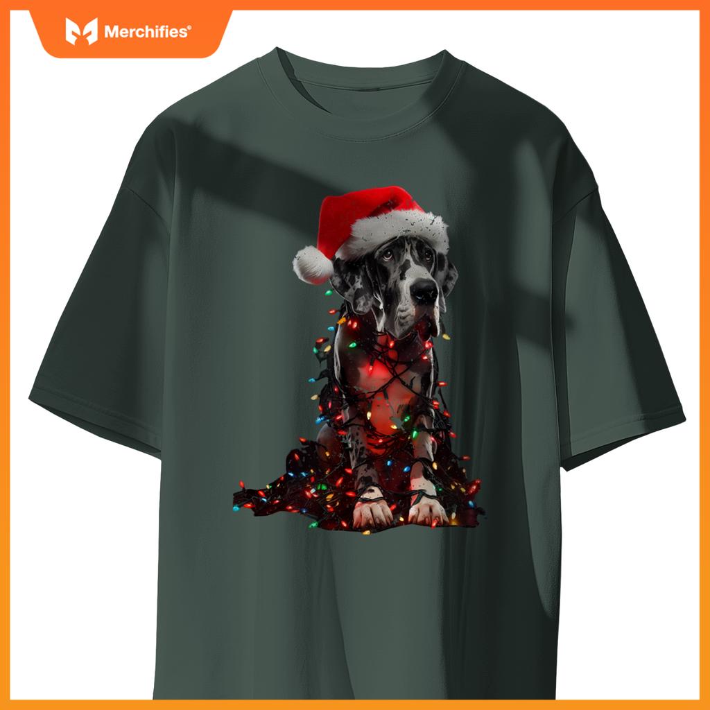 Great Dane With Santa Hat And Christmas Lights Dog Owner Mom T-Shirt