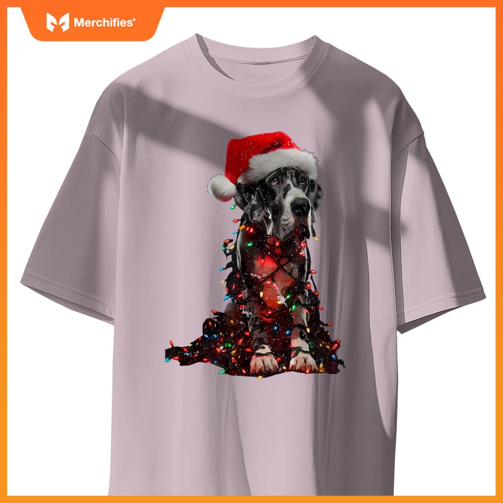 Great Dane With Santa Hat And Christmas Lights Dog Owner Mom T-Shirt