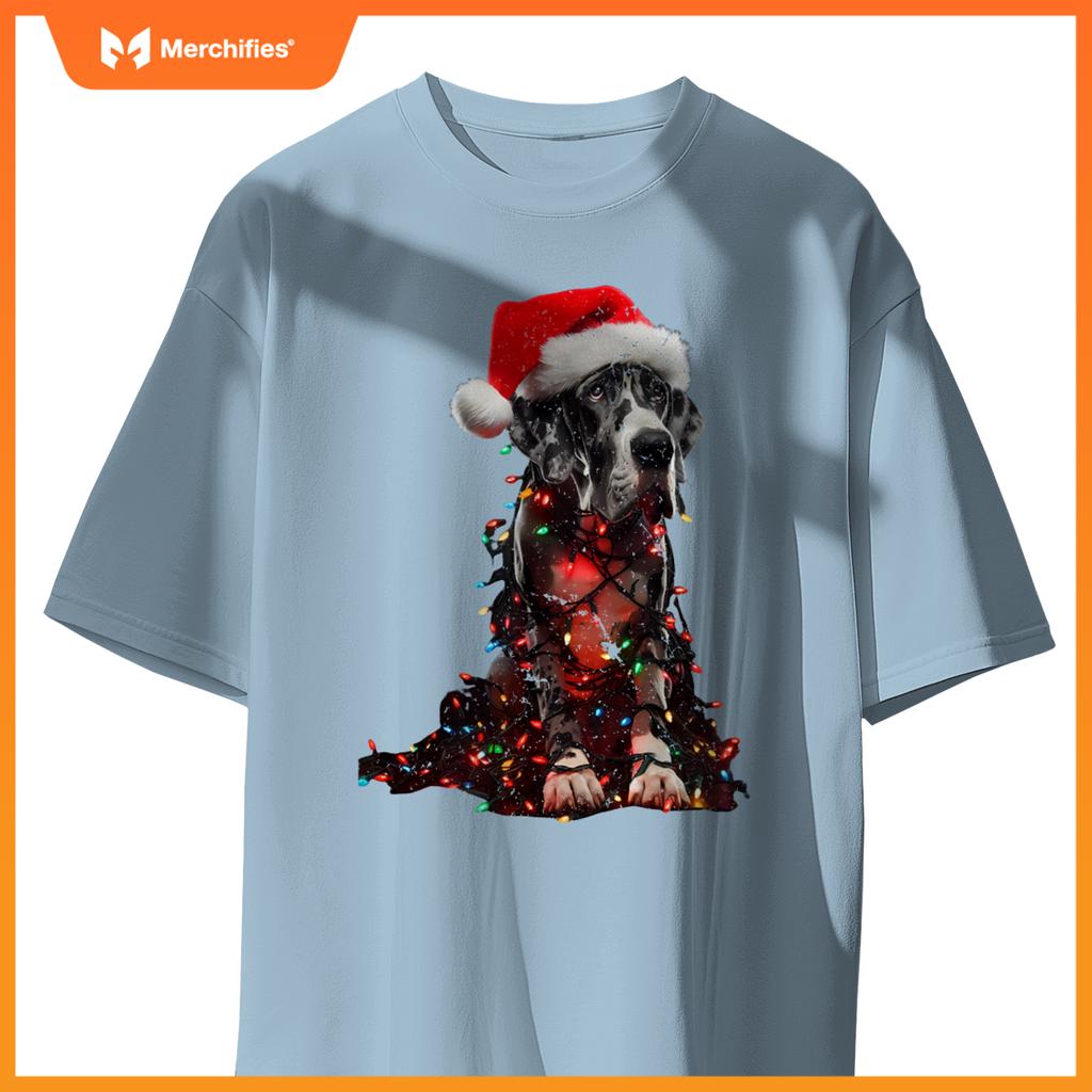 Great Dane With Santa Hat And Christmas Lights Dog Owner Mom T-Shirt