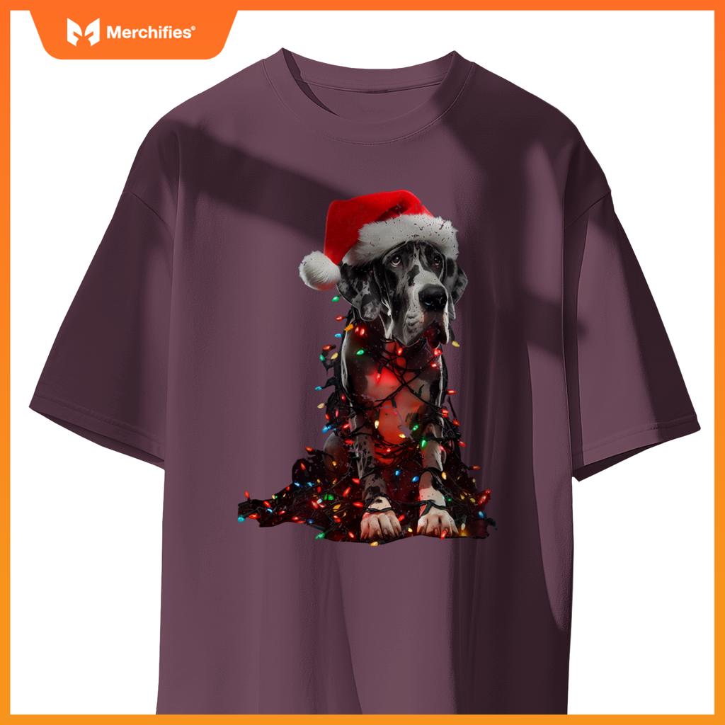 Great Dane With Santa Hat And Christmas Lights Dog Owner Mom T-Shirt