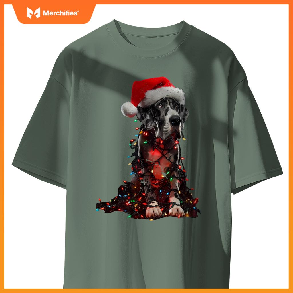 Great Dane With Santa Hat And Christmas Lights Dog Owner Mom T-Shirt