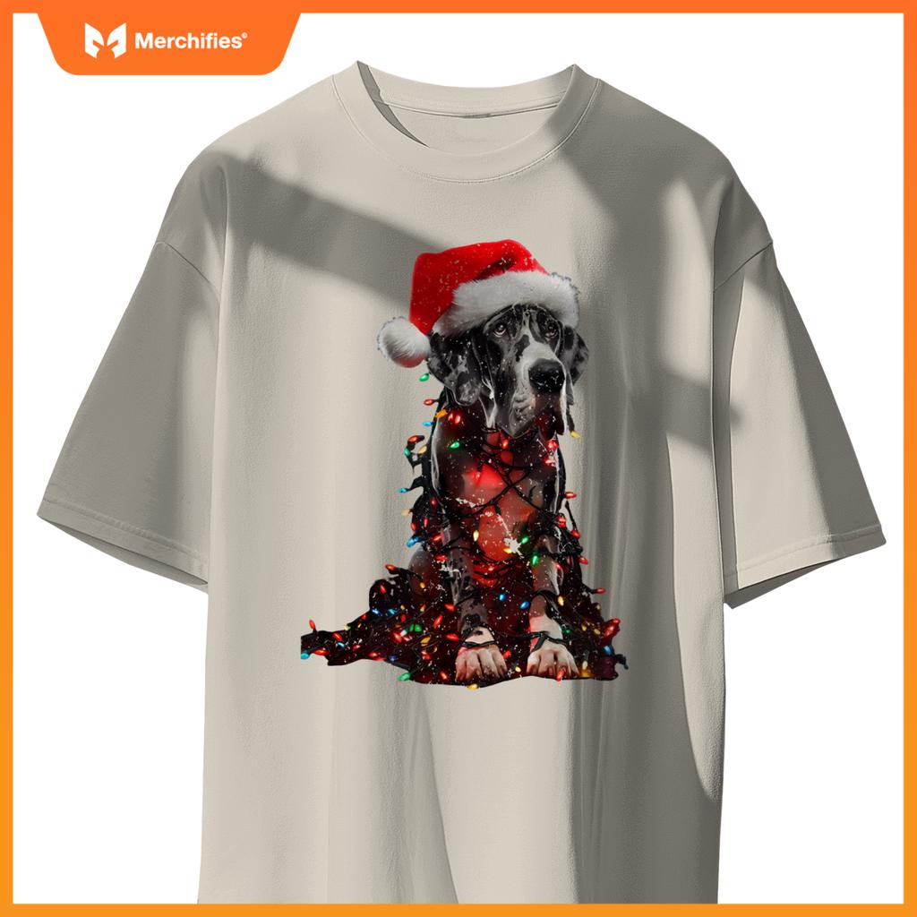 Great Dane With Santa Hat And Christmas Lights Dog Owner Mom T-Shirt