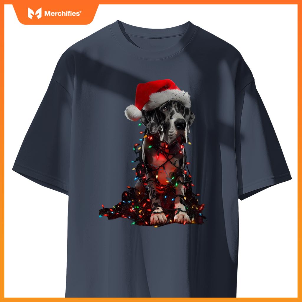 Great Dane With Santa Hat And Christmas Lights Dog Owner Mom T-Shirt