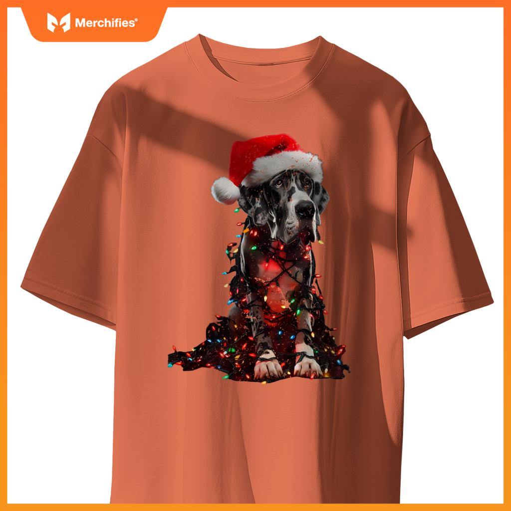Great Dane With Santa Hat And Christmas Lights Dog Owner Mom T-Shirt