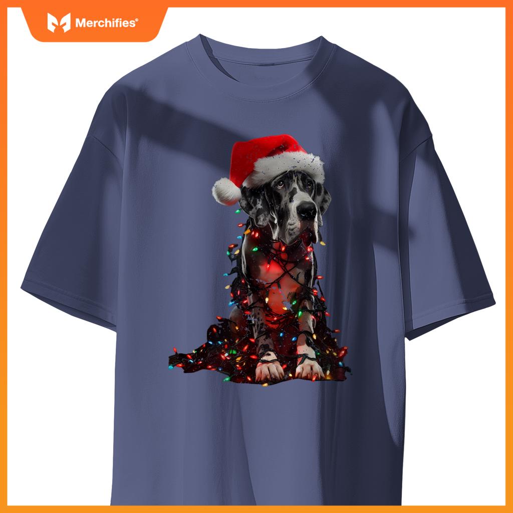 Great Dane With Santa Hat And Christmas Lights Dog Owner Mom T-Shirt