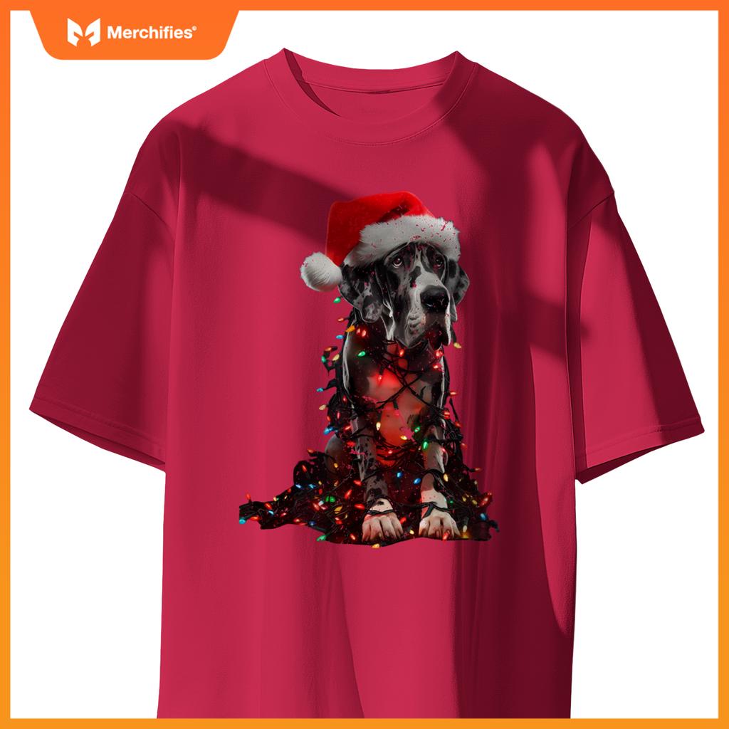 Great Dane With Santa Hat And Christmas Lights Dog Owner Mom T-Shirt