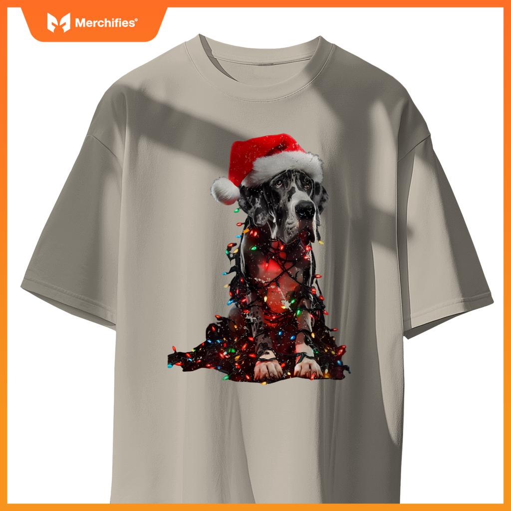 Great Dane With Santa Hat And Christmas Lights Dog Owner Mom T-Shirt