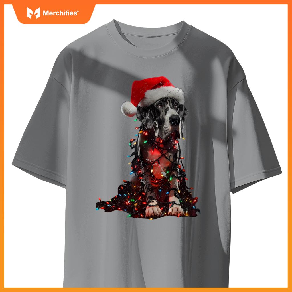 Great Dane With Santa Hat And Christmas Lights Dog Owner Mom T-Shirt