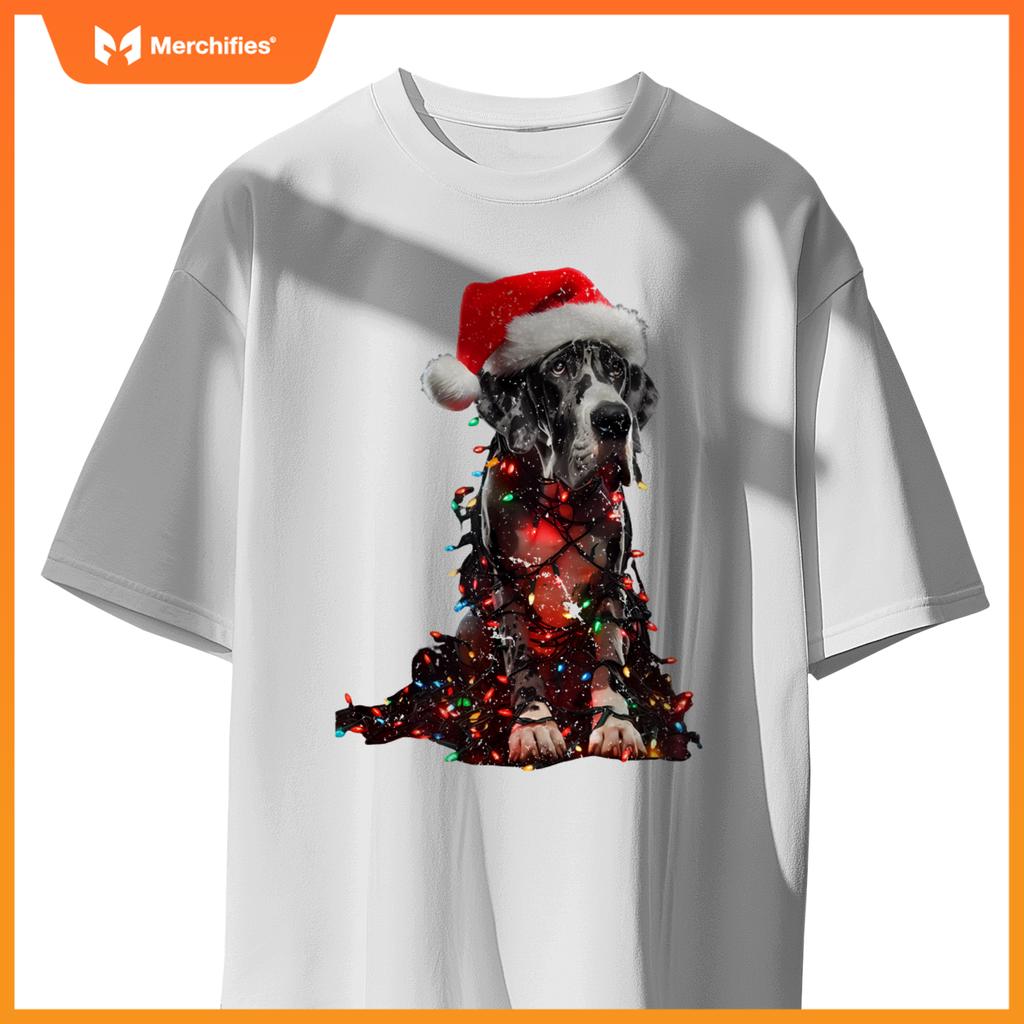 Great Dane With Santa Hat And Christmas Lights Dog Owner Mom T-Shirt