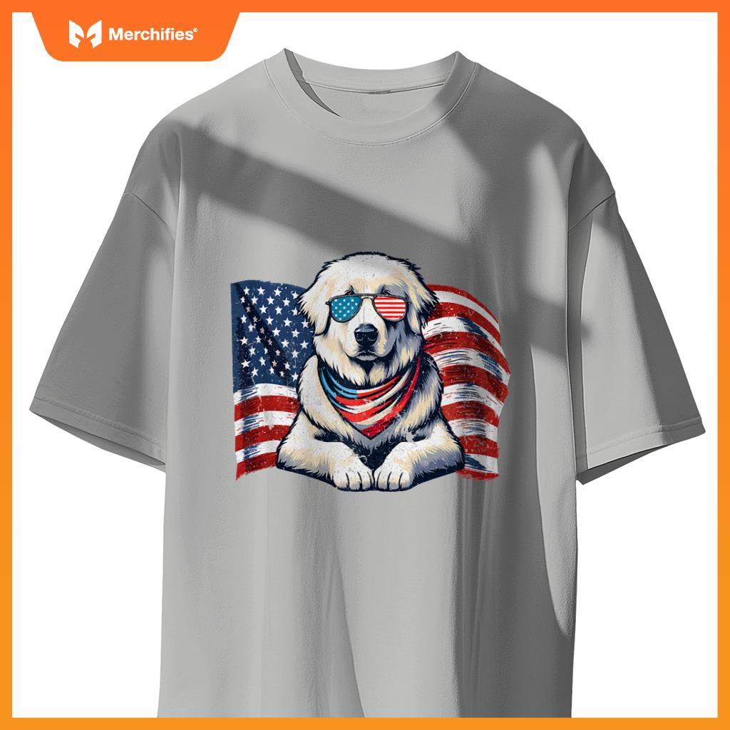 Great Pyrenees Dogs Vintage USA Flag Sunglasses Patriotic T-Shirt