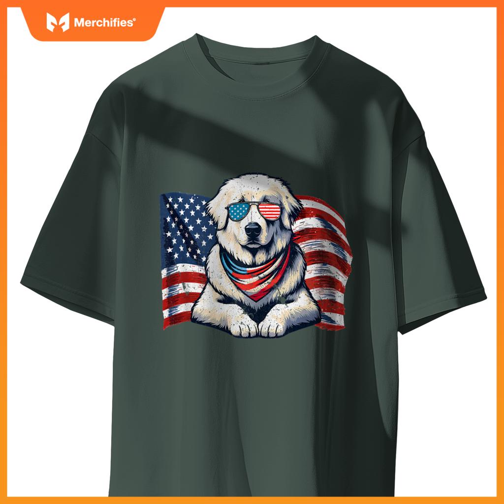 Great Pyrenees Dogs Vintage USA Flag Sunglasses Patriotic T-Shirt