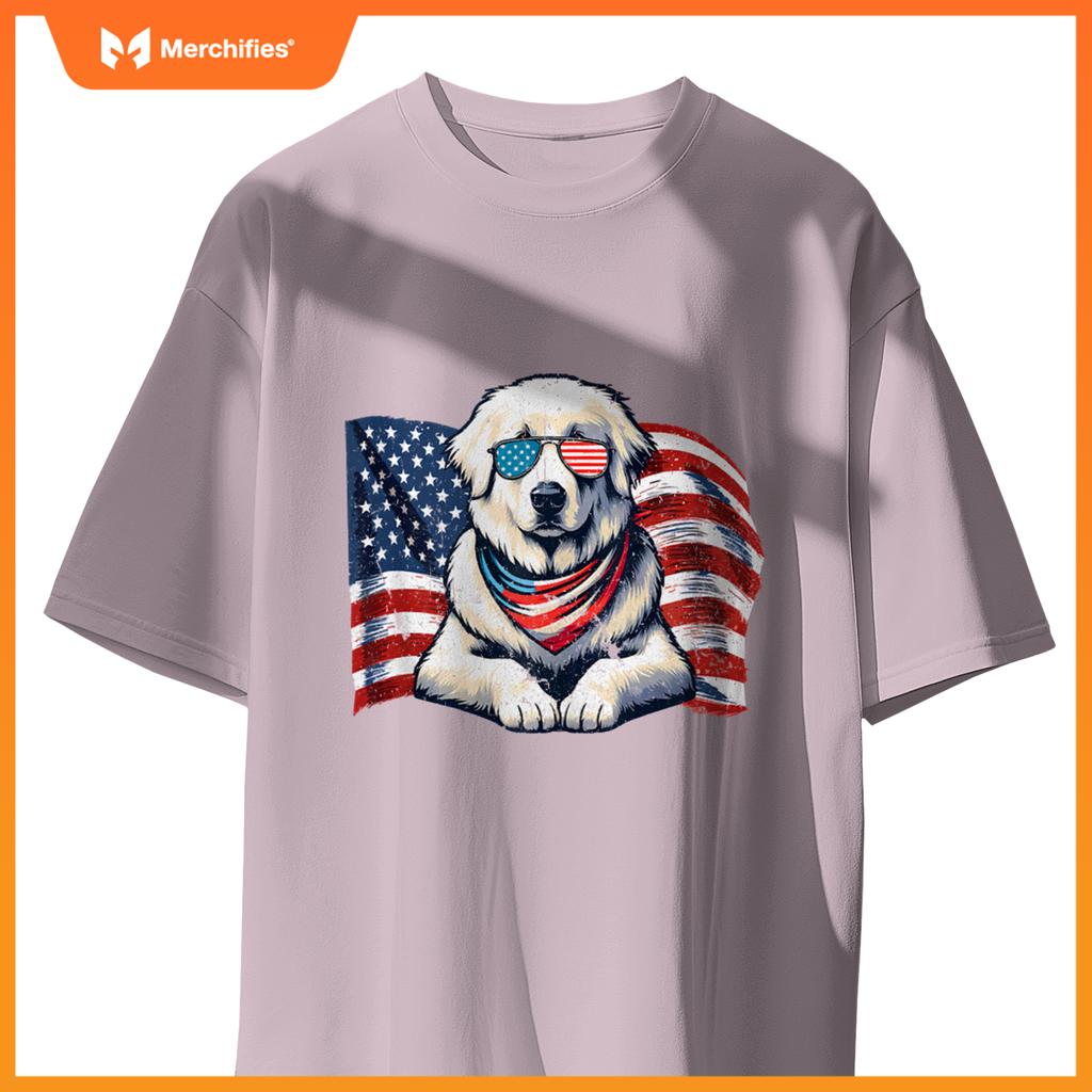Great Pyrenees Dogs Vintage USA Flag Sunglasses Patriotic T-Shirt