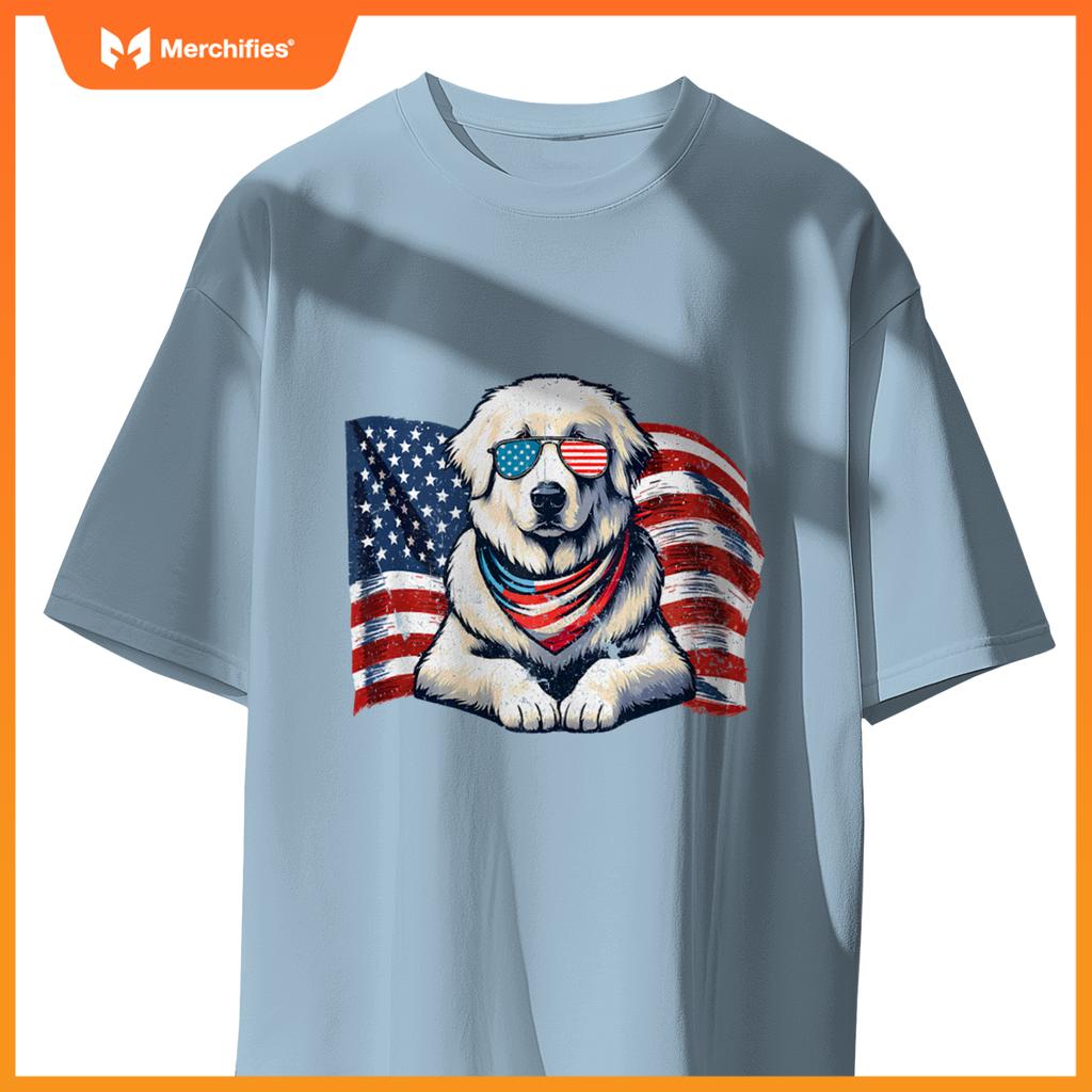 Great Pyrenees Dogs Vintage USA Flag Sunglasses Patriotic T-Shirt